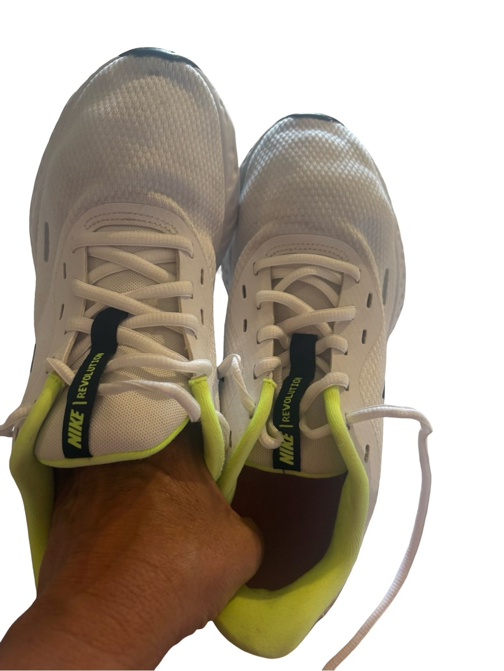 Nike White Running Shoes with Neon Yellow and Pink Accents